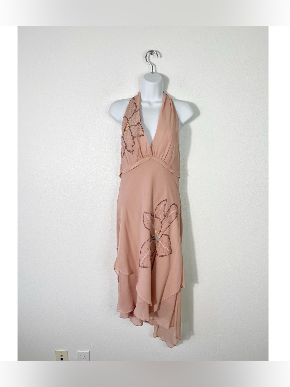 Y2K BCBGmaxazria Pink Silk Dress Fairycore Angel Ethereal Halter Embroidered 10 - Picture 12 of 12